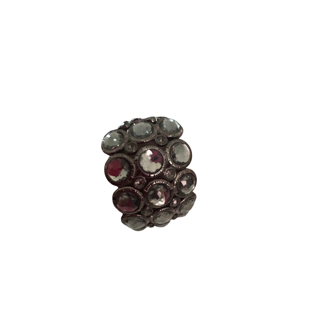 Gunmetal Tone Triple Row Crystal Stretch Cuff Bracelet Clear Smoky Grey Stones